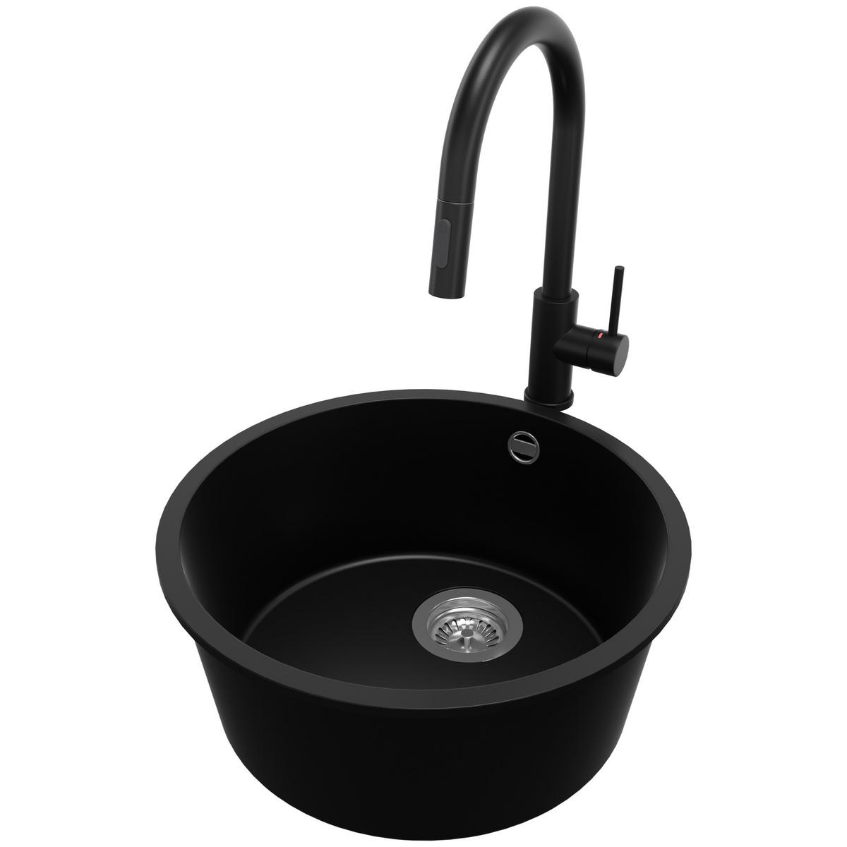 GRANITSPÜLE Valletta Slim, 2-er set Schwarz 46/46 cm 1 Becken + Küchenarmatur 40/20 cm + Ablauf-Set ab 50er Unterschrank - Chromfarben/Schwarz, Kunststoff (46/20/46cm) - Primagran