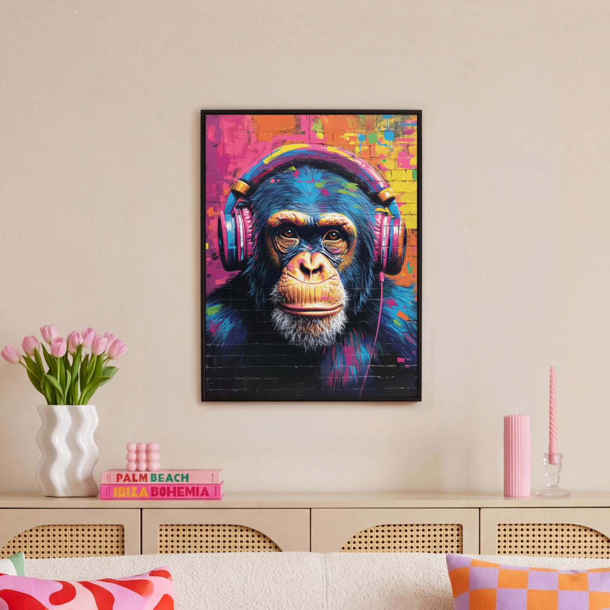 LEINWAND Bilder mit Rahmen - Graffiti - Schimpanse - Straßenkunst - Kopfhörer - Affe - 60x80 - Blau, Textil (60/80cm) - MuchoWow
