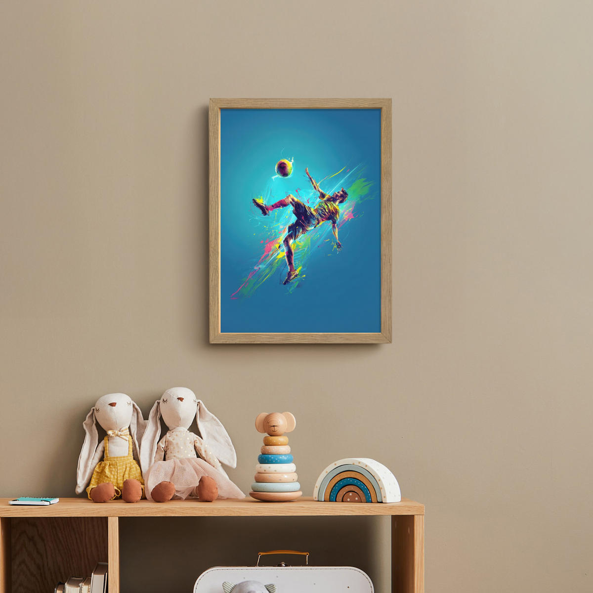 NACHTTISCHLAMPE MIT AKKU Fußballer - Farbspritzer - Farbenfroh - Ball 30x40 cm - Blau, Holzwerkstoff (8/30/40cm) - OnlyWow