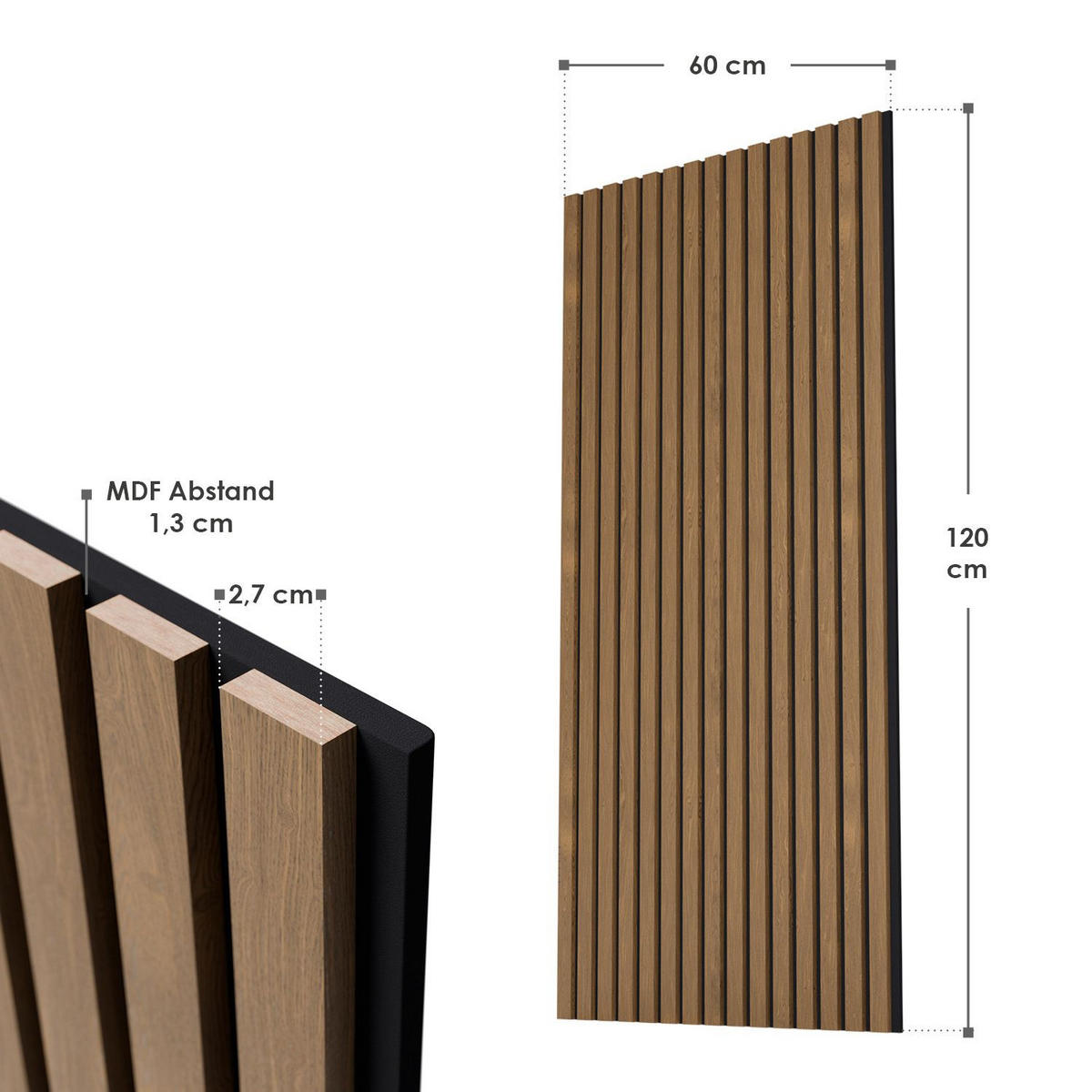 WANDPANEELE Akustik 120x60 cm Eiche Natur Dunkel (4er-Set) - Braun, Holz (60/120/1.8cm) - Juskys