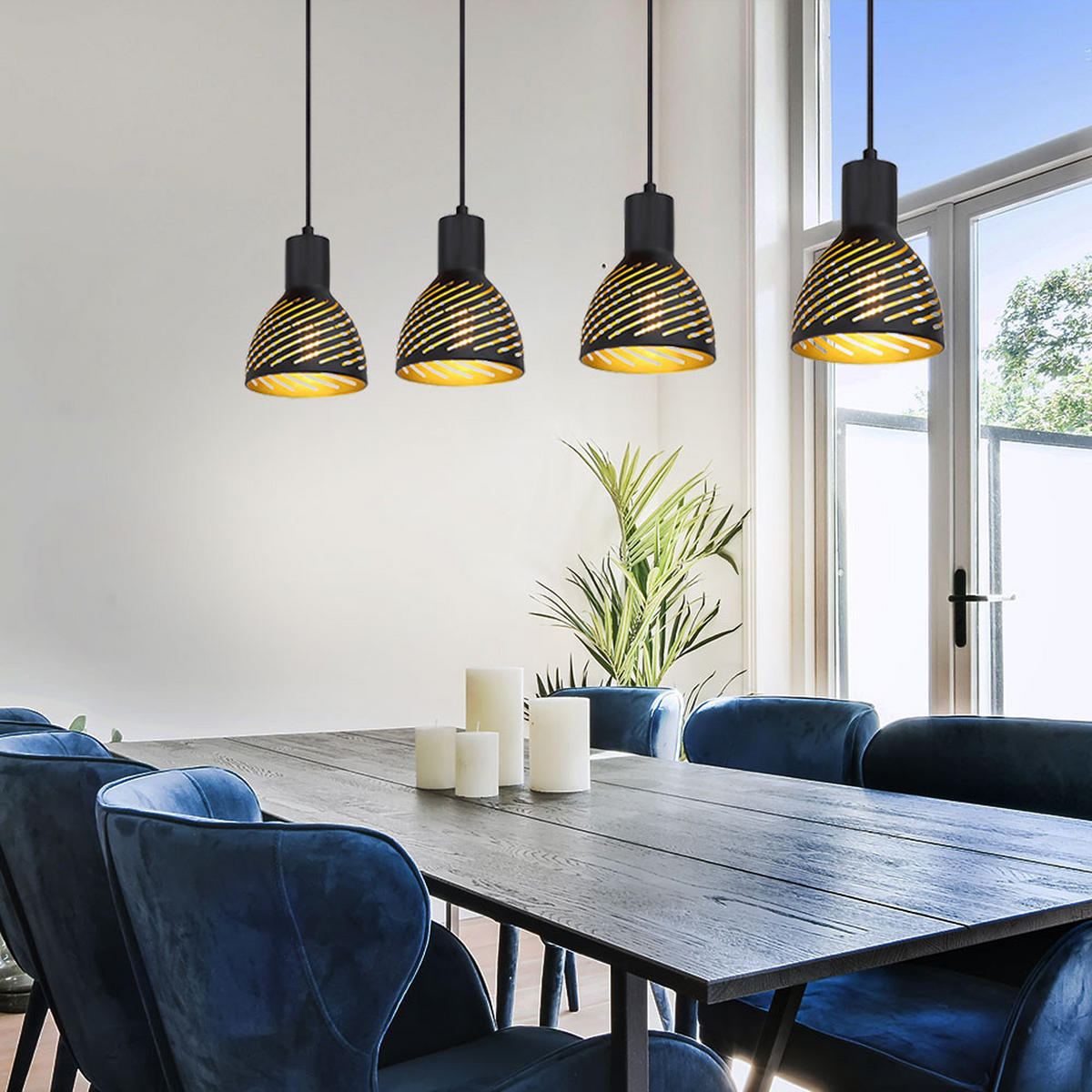 LED HÄNGELEUCHTE Metall Schwarz Gold Holzoptik - Schwarz, Metall (90/12.5/120cm) - Globo Lighting