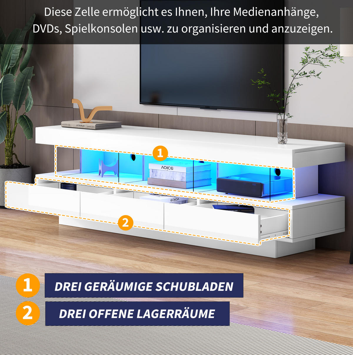 TV ormarić 160/38/50,5 cm s LED osvjetljenjem, Bluetooth upravljanjem i 3 staklena pretinca, Bijela - bijela, drvni materijal (160/50.5/38cm) - Redom