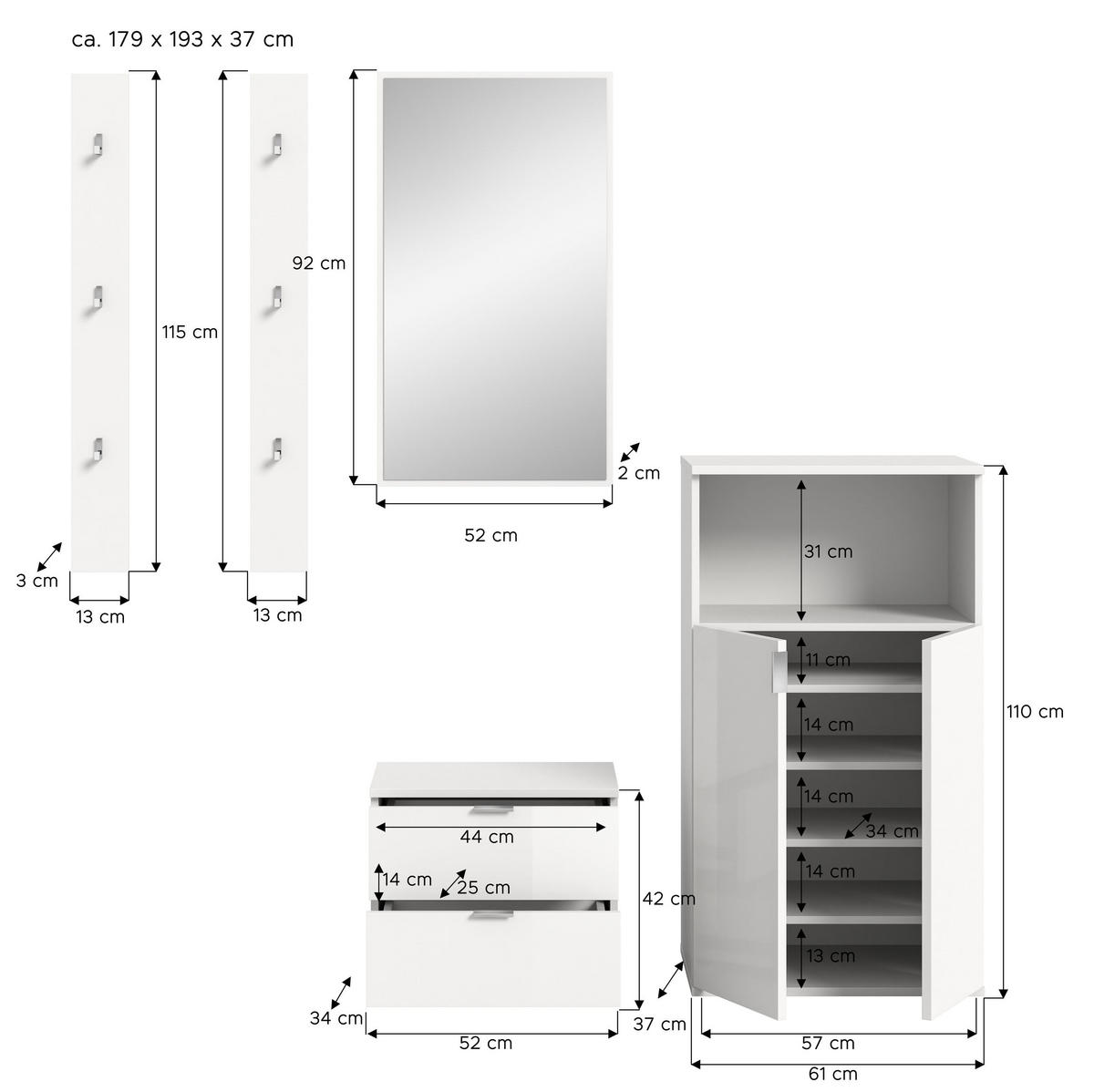 GARDEROBE Systemmöbel Projekt X 5tlg. Kombination , ca.179x191x37 cm - Weiß, Holzwerkstoff (179/191/37cm)