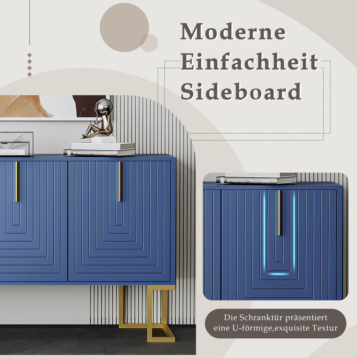 SIDEBOARD in Navy Blau mit 3 Türen, verstellbaren Regalböden und Metallbasis,138/80.5/40 cm - Blau, Holzwerkstoff (138/80.5/40cm) - Flora Grace
