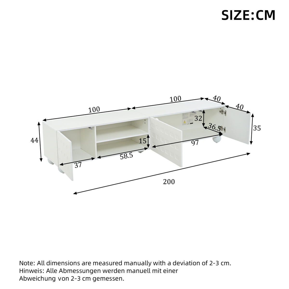 TV-LOWBOARD 200/40/44 cm Weiß aus Spanplatte mit 3 Türen - Weiß, Holzwerkstoff (200/44/40cm) - OKWISH