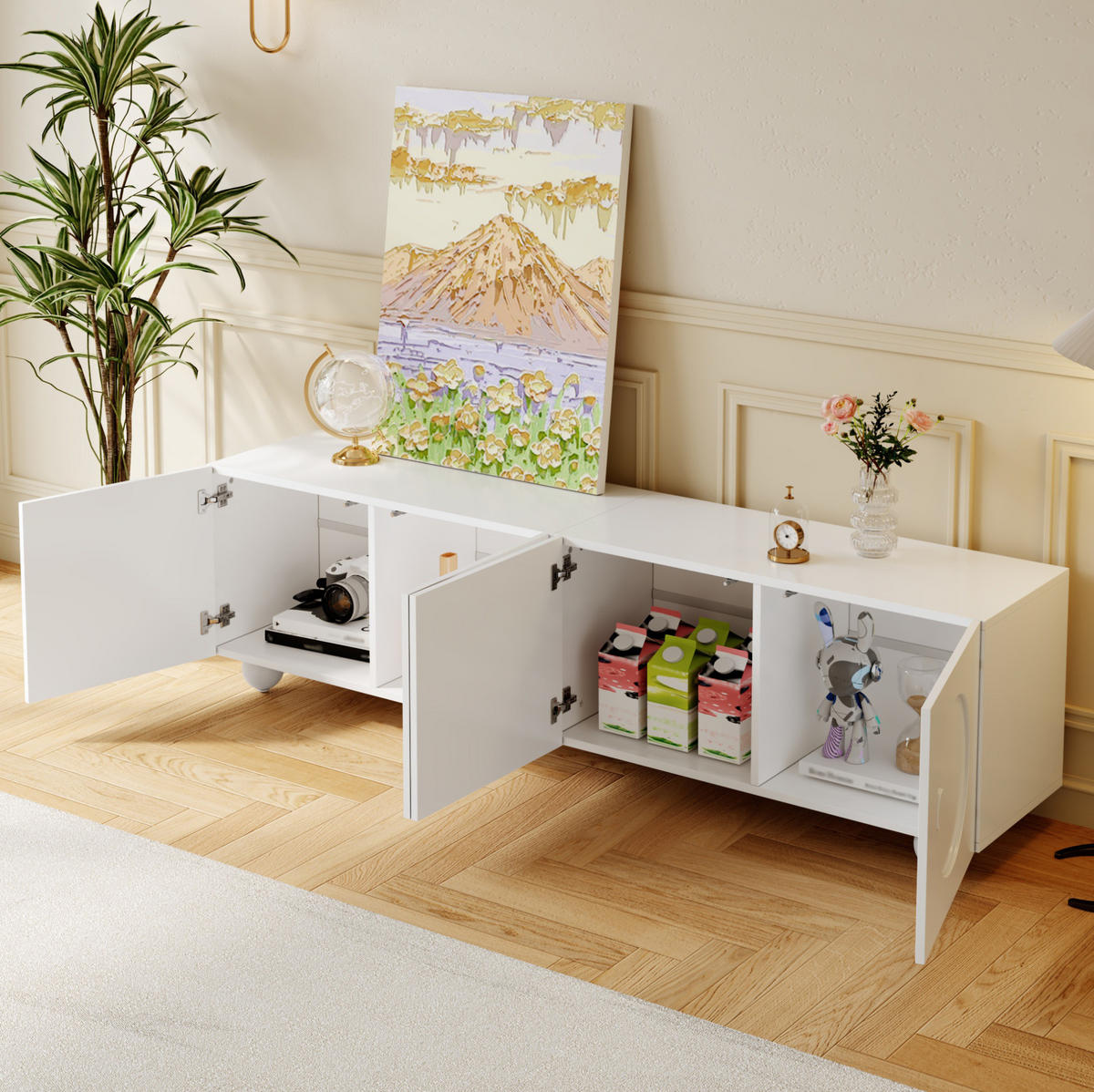 TV stolek 180,5/38/50 cm s úložným prostorem a 3D reliéfními dvířky, Matná bílá - bílá, kompozitní dřevo (180.5/50/38cm) - Redom