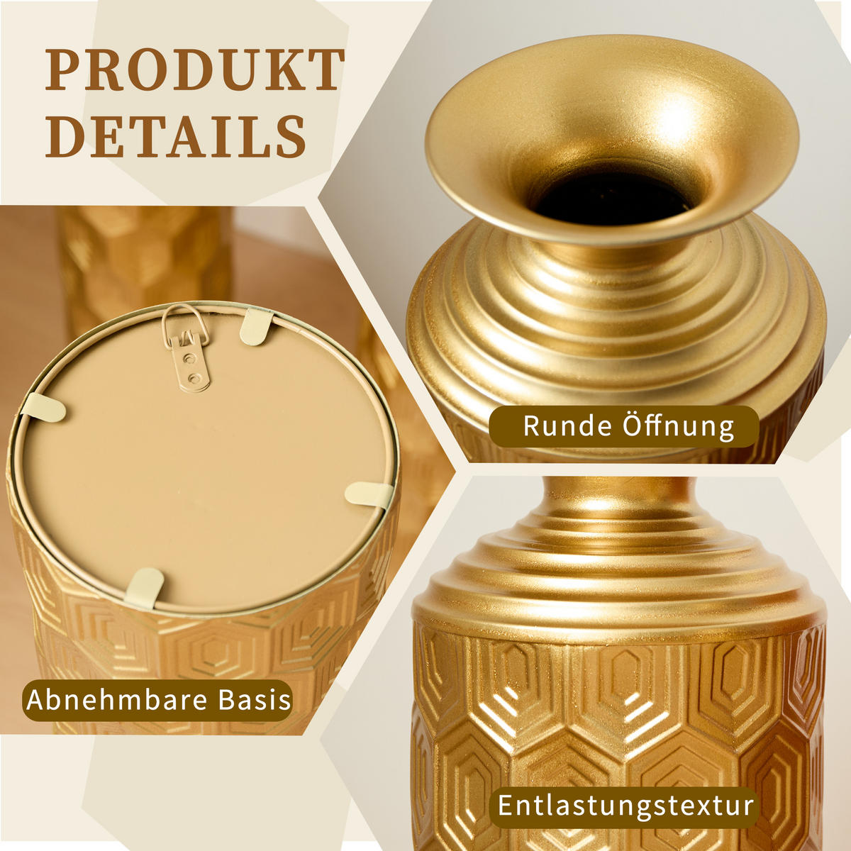 BODENVASE 3-tlg Bodenvase Gold 50/65/85cm Metallvase Wabenmuster Dekovase Groß - Goldfarben, Metall (92.02cm) - Raelunyi