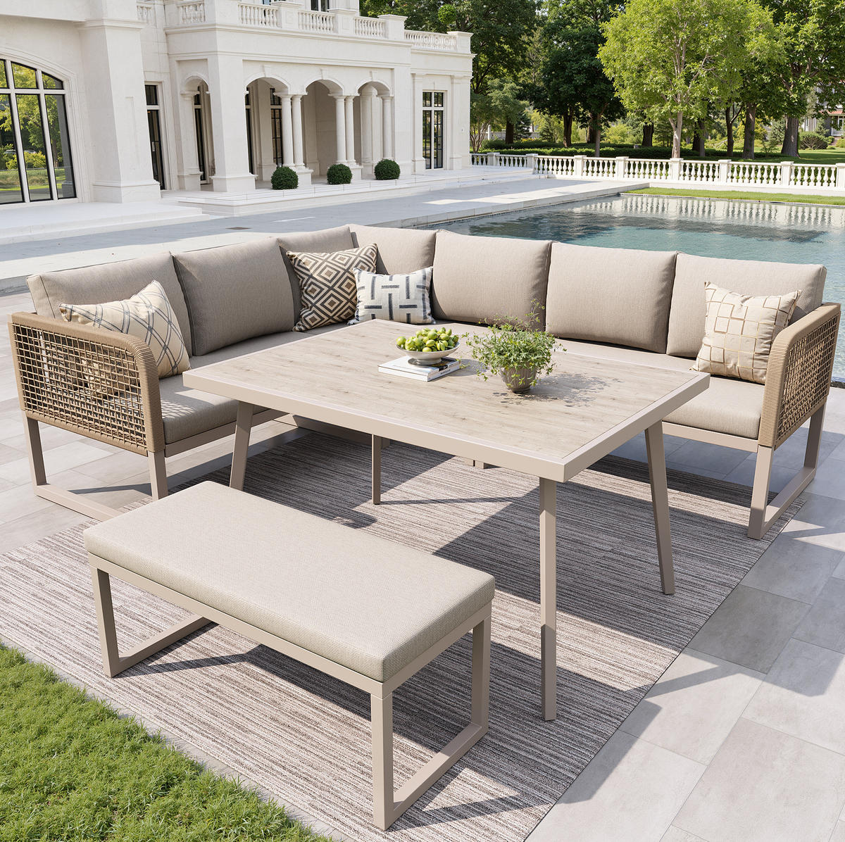 LOUNGEGARNITUR aus Rattan & Metall 121.5x61x77 cm Beige mit modularer Loungegruppe - Beige, Metall - Modfu
