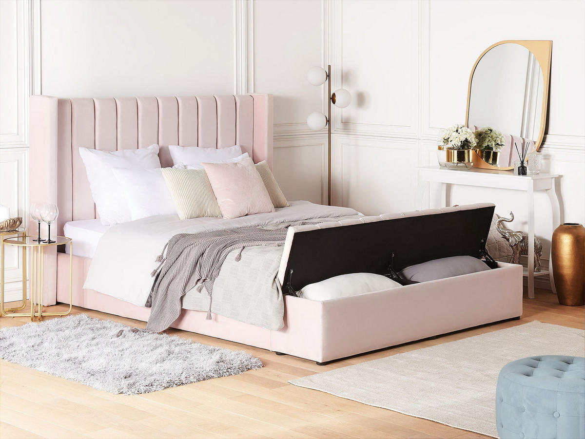 PAT CU APĂ cu Stauraumbank 180/200 catifea roz pastel Noyers - roz aprins, material textil (180/200cm) - Beliani