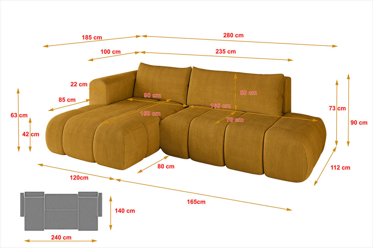 ECKSOFA Ottomane Links CLOUD-L 280x185x90 Senfgelb Cord - Currygelb, Holzwerkstoff/Kunststoff (180/289cm) - ALTDECOR