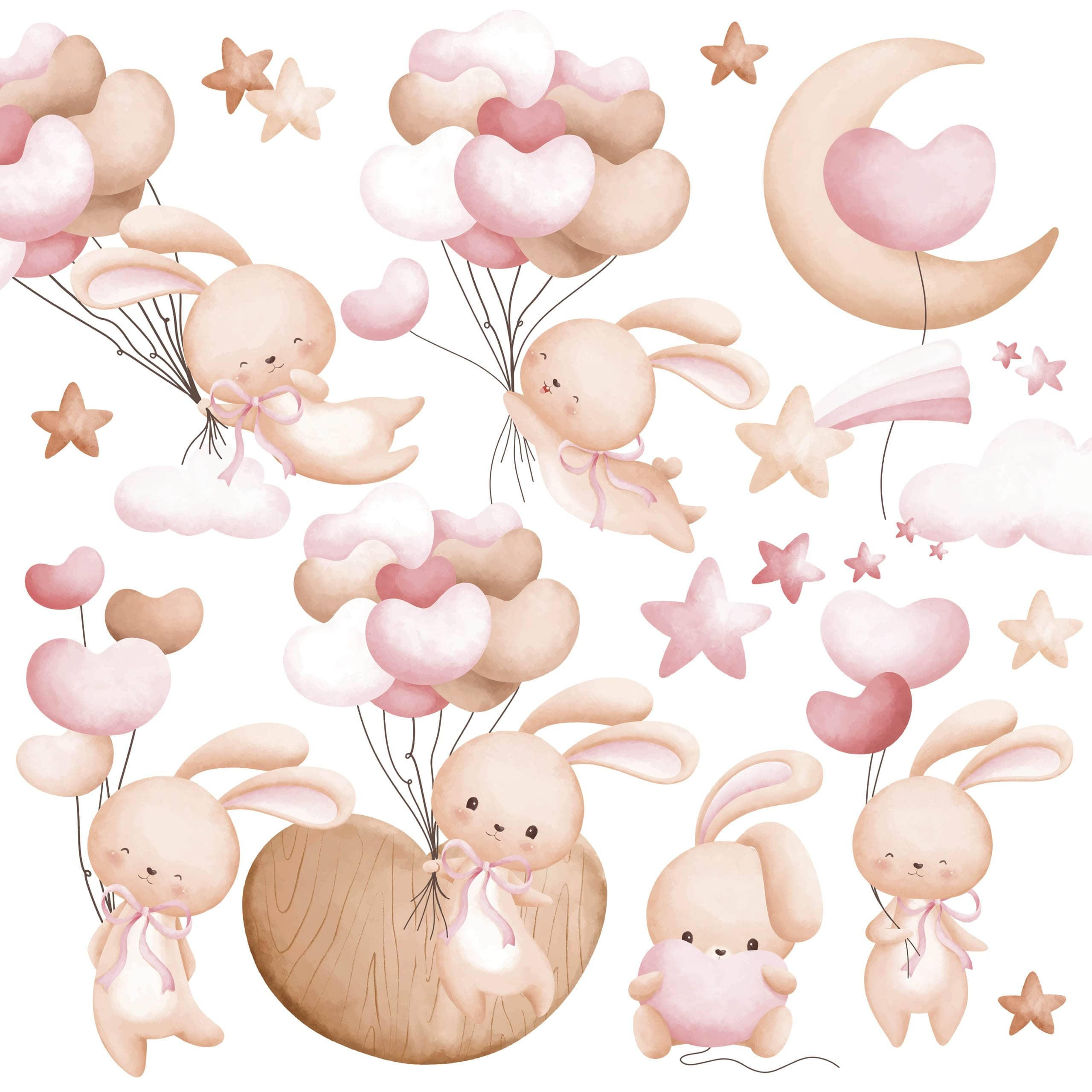 STICKER SET für Kinder Kaninchen Herzen Ballons Sterne 60x30 - Beige/Rosa, Papier (60/30/1cm) - Muralo