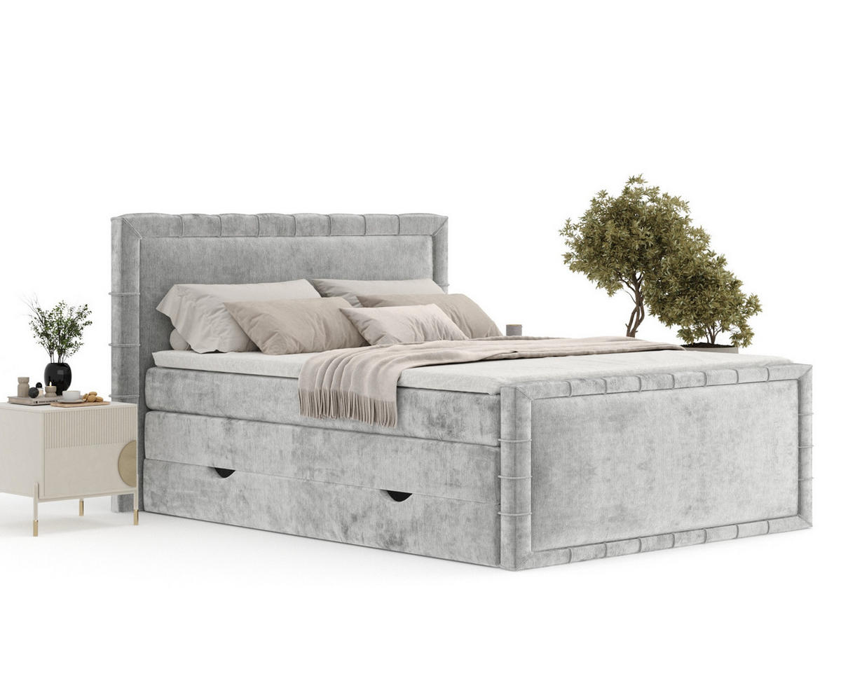 BOXBETT Estelle Hellgrau 180/200 cm im Chenille-Stoff - Hellgrau/Schwarz, Holz/Holzwerkstoff (180/200cm) - Maison de Reve