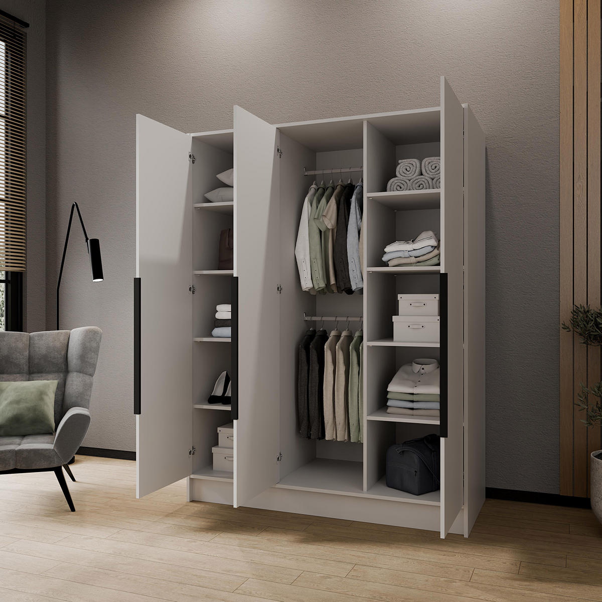 DREHTÜRENSCHRANK Laro mit Spiegel, Weiß mit mit schwarzen Griffen, 150 cm - Weiß, Holzwerkstoff (150/200/51cm) - Beautysofa