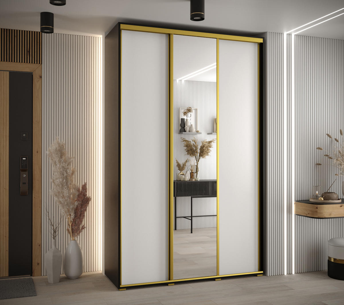 SCHWEBETÜRENSCHRANK 235,2/150/60 3-türig - Goldfarben/Schwarz, Holz/Metall (150/235/60cm) - Abiks Möbel