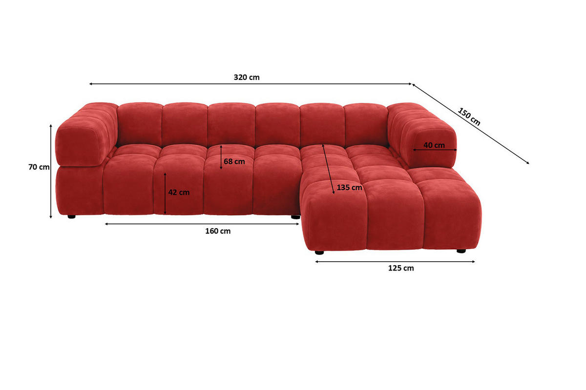 ECKSOFA L-Form, Veloursstoff Bluvel, Rotwein, Rechts, Averro XL - Weinrot, Holz (320/150cm) - Kaiser Möbel