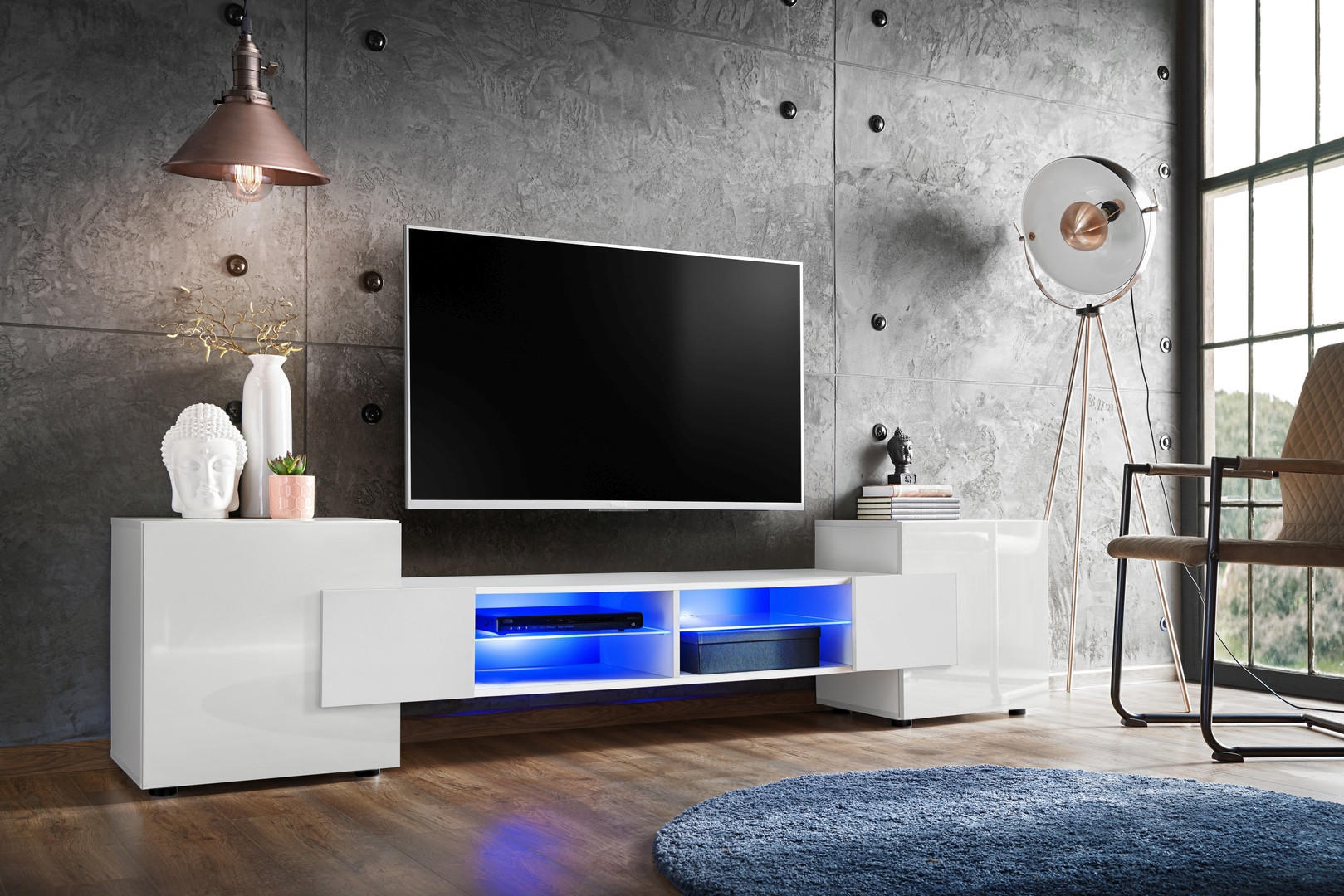 LOWBOARD MERANO Weiß, Blau LED Beleuchtung - Weiß, Glas/Holzwerkstoff (230/52.5/35cm) - Komodee