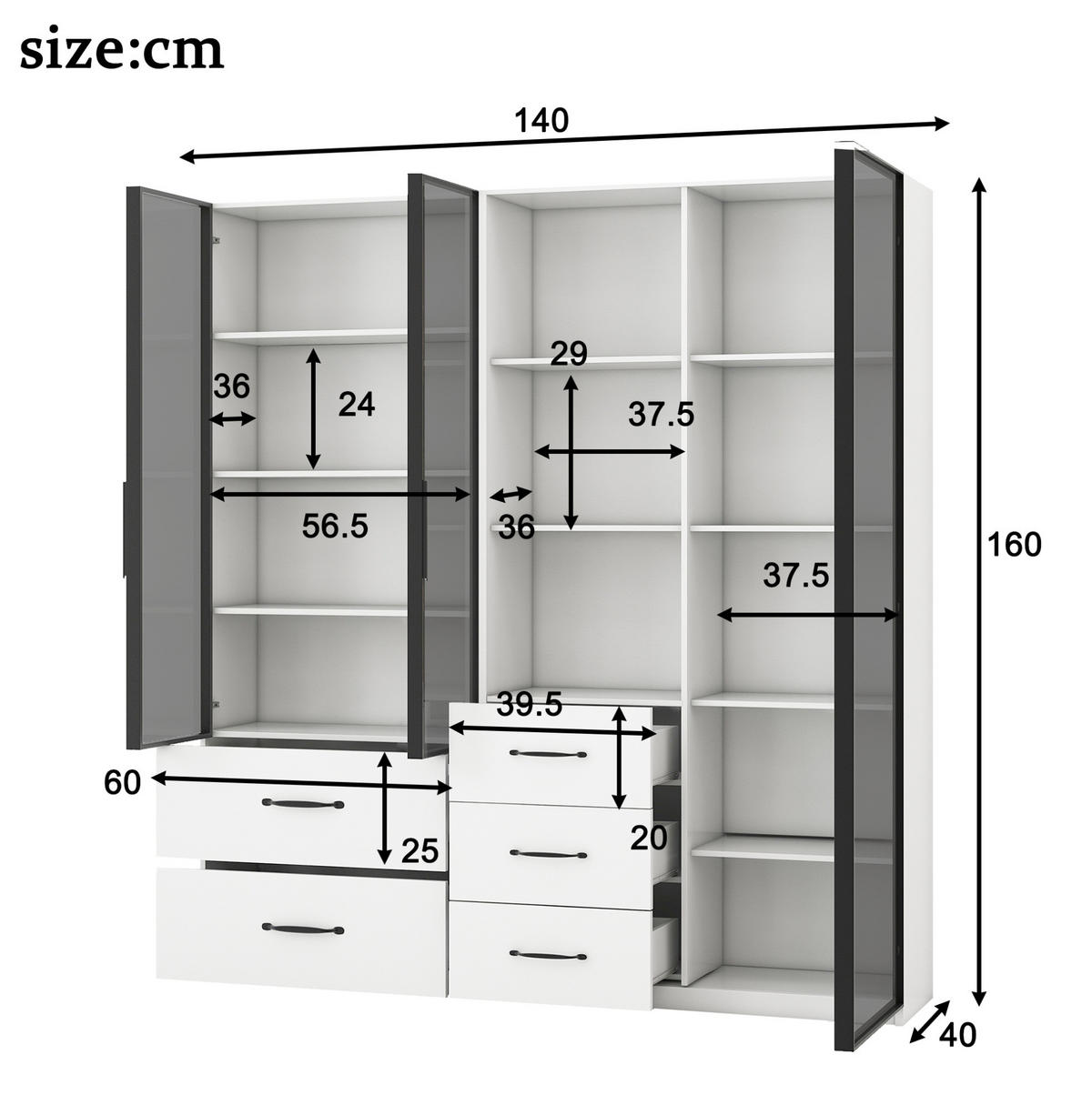 HIGHBOARD mit LED-Beleuchtung 140/40/160 cm in Weiß mit Glastüren und Schubladen - Weiß, Holzwerkstoff (140/160/40cm) - BEAOK