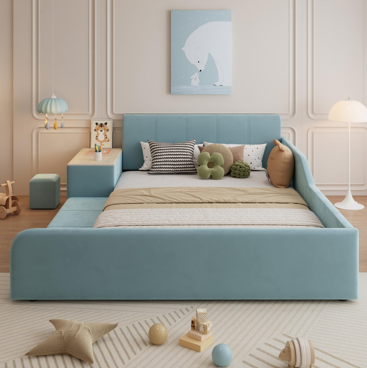POLSTERBETT 140/200 cm mit Schreibtisch, Hocker und Stauraum in Blau - Blau, Textil (140/200cm) - Flora Grace
