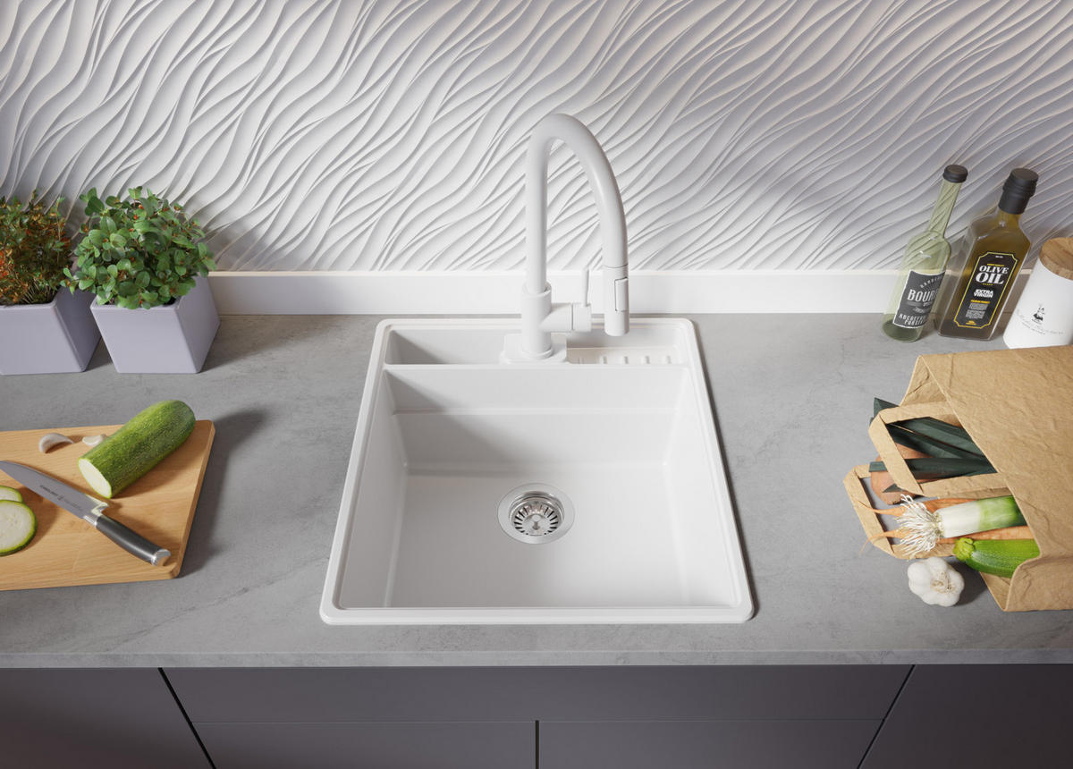 GRANITSPÜLE New York, 2-er set Weiß 48/53 cm 1 Becken + Küchenarmatur 38/14 cm + Ablauf-Set + Küchenzubehörset ab 50er Unterschrank - Chromfarben/Beige, Kunststoff (48/20/53cm) - Primagran