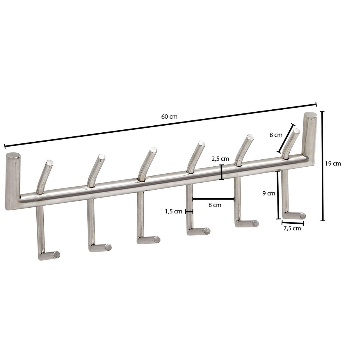 WANDGARDEROBE Metall Silber Modern 60x19x10 cm mit 12 Haken - Silberfarben, Metall (60/19/10cm) - KADIMA DESIGN