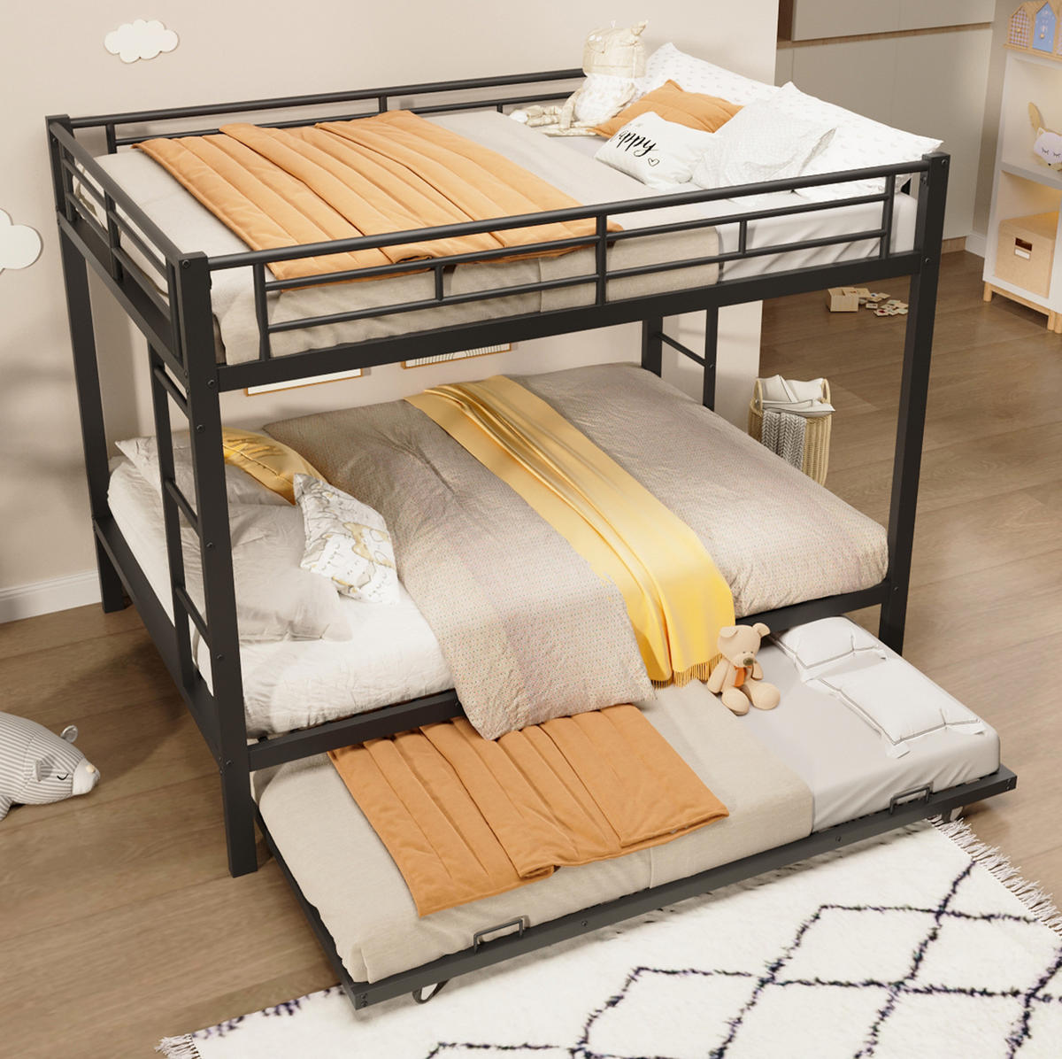 ETAGENBETT aus Metall 140x200 cm Schwarz mit Ausziehbett und hohen Geländern - Schwarz, Metall (140/200cm) - Modfu