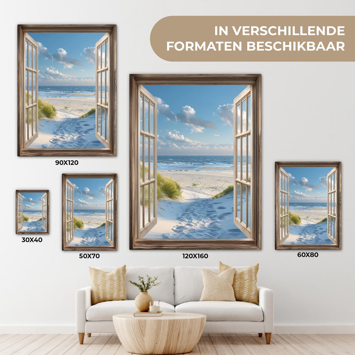LEINWANDBILD Aussicht - Strand - Fenster - Dünen - Meer 60x80 cm - Hellblau, Textil (60/80cm) - MuchoWow