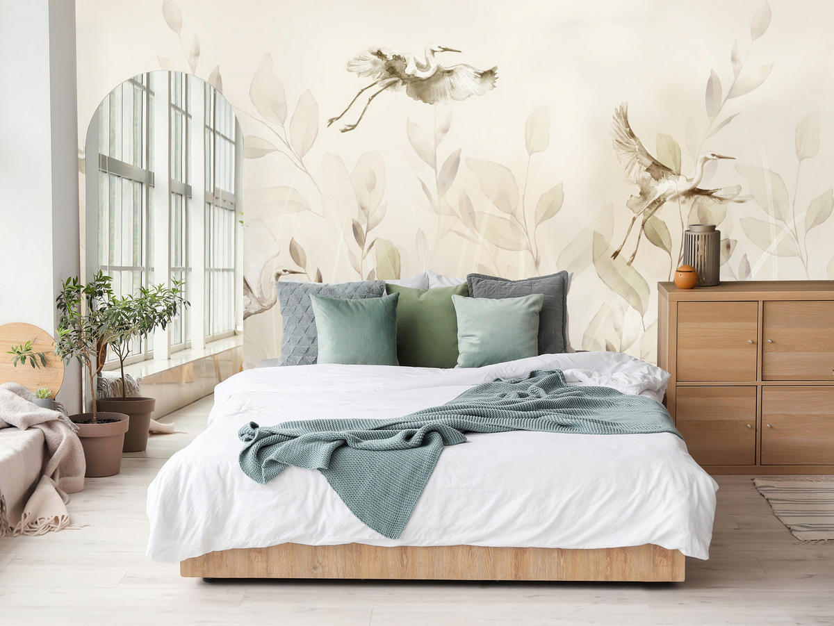 FOTOTAPETE Vögel Blätter Wiese Retro Stil 350x256 - Beige, Papier (350/256cm) - Muralo