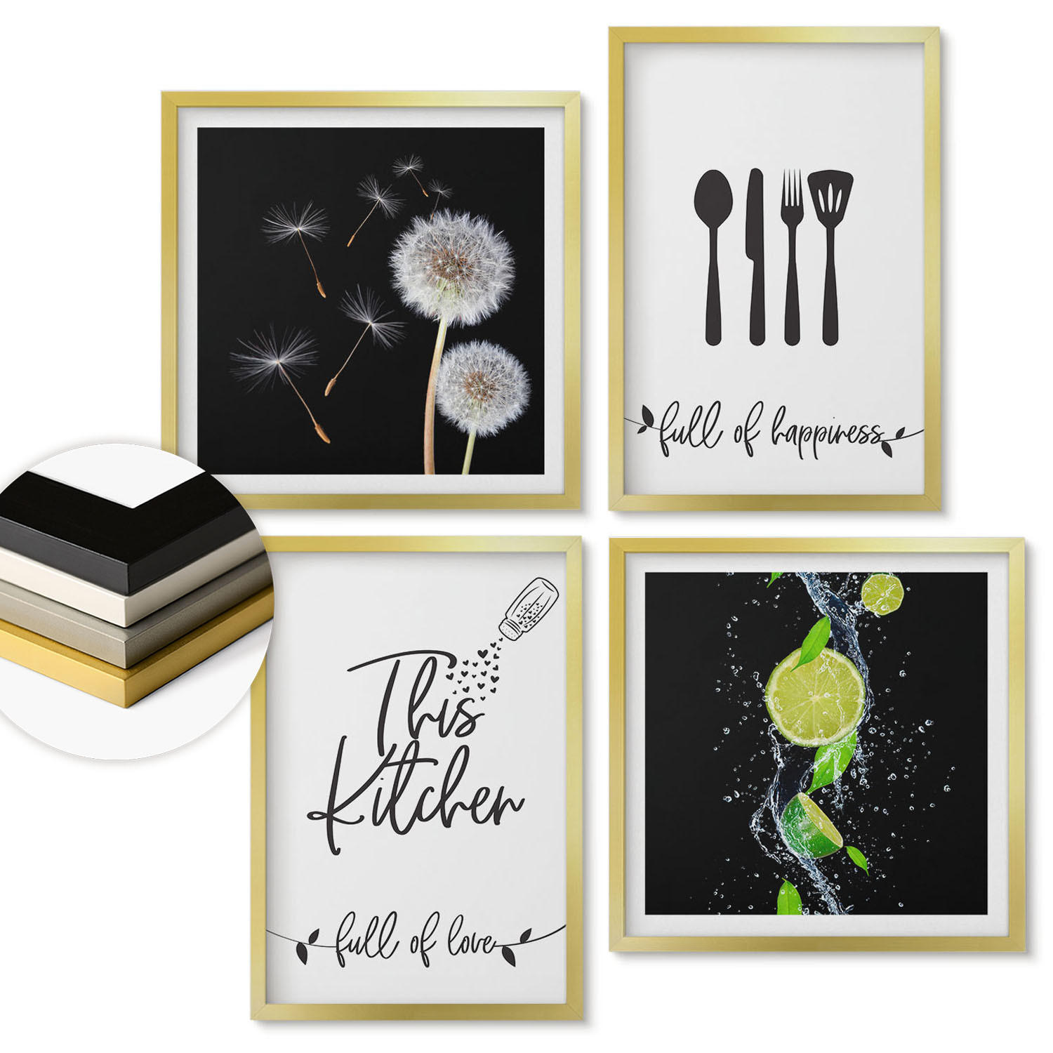 WANDBILDER 4er Set - 50x50 cm & 40x60 cm Goldrahmen - Löwenzahn-Kalk-Kücheninschriften - Goldfarben, Kunststoff (50/50cm) - ArtPrintCave