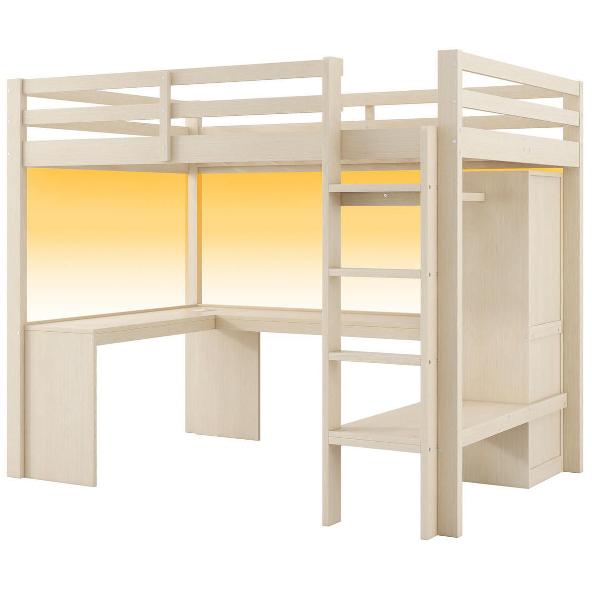 HOCHBETT 140/200 cm aus Massivholz und MDF mit Schreibtisch, LED, USB, Regalen und offenem Kleiderschrank, Natur - Naturfarben, Holzwerkstoff (140/200cm) - Redom
