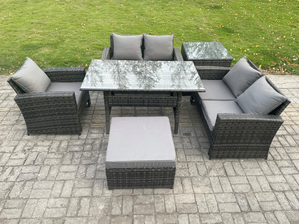 GARTENMÖBELSET mit 2-Sitzer Sofa,3 Hockern,Esstisch,Beistelltisch Polyrattan Dunkelgrau 6-Sitzer - Dunkelgrau/Grau, Glas/Kunststoff - Fimous