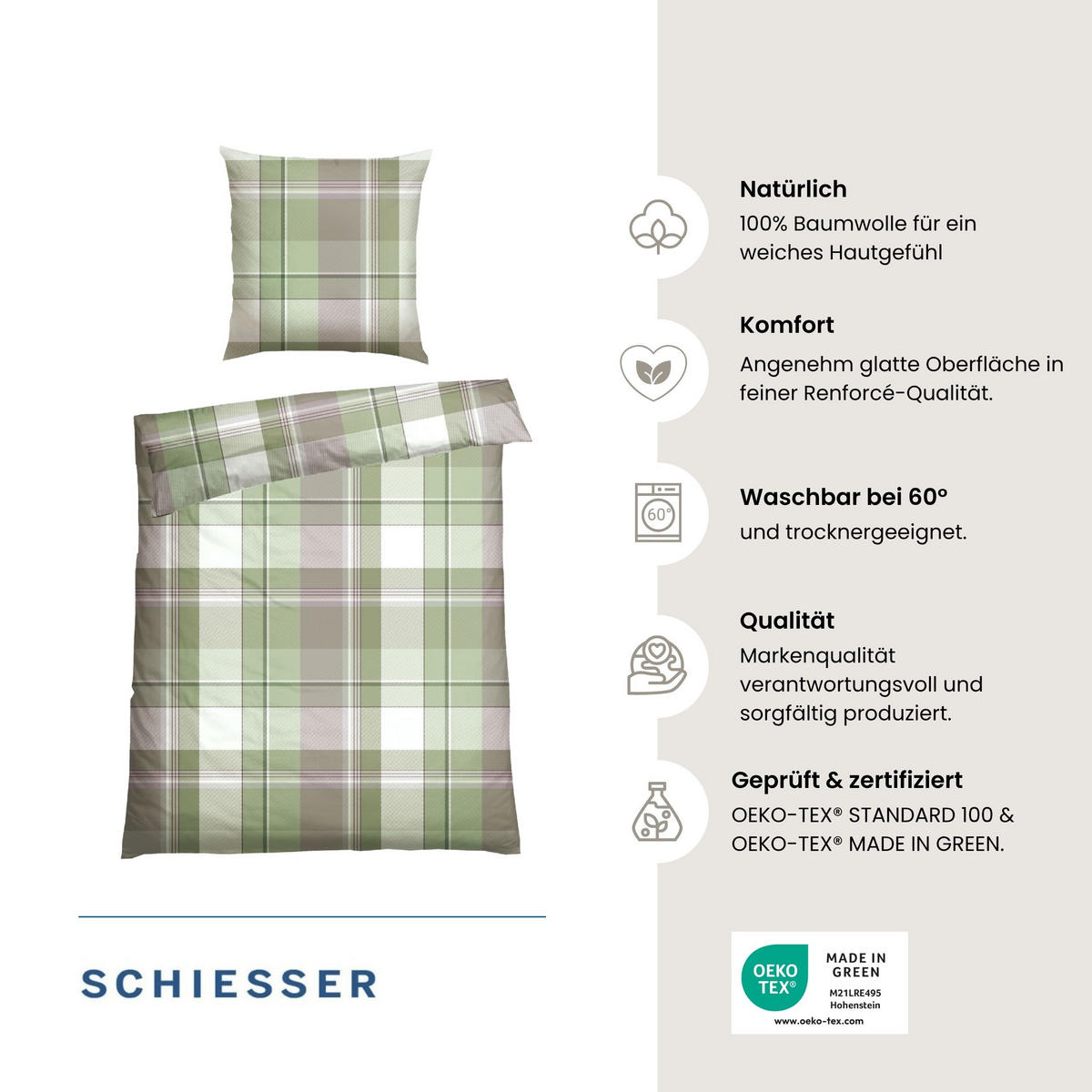 BETTWÄSCHESET Ate - Renforcé - 2-teilig - 135 x 200 cm - Grün - Grün, Textil (135/200cm) - SCHIESSER