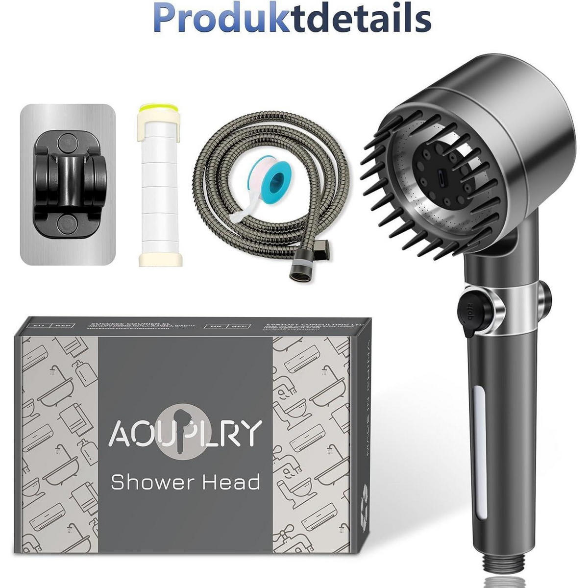 HANDBRAUSE Set mit 1,5 m Schlauch und 2 Filterelementen - Anthrazit, Metall (8/12.7/17cm)