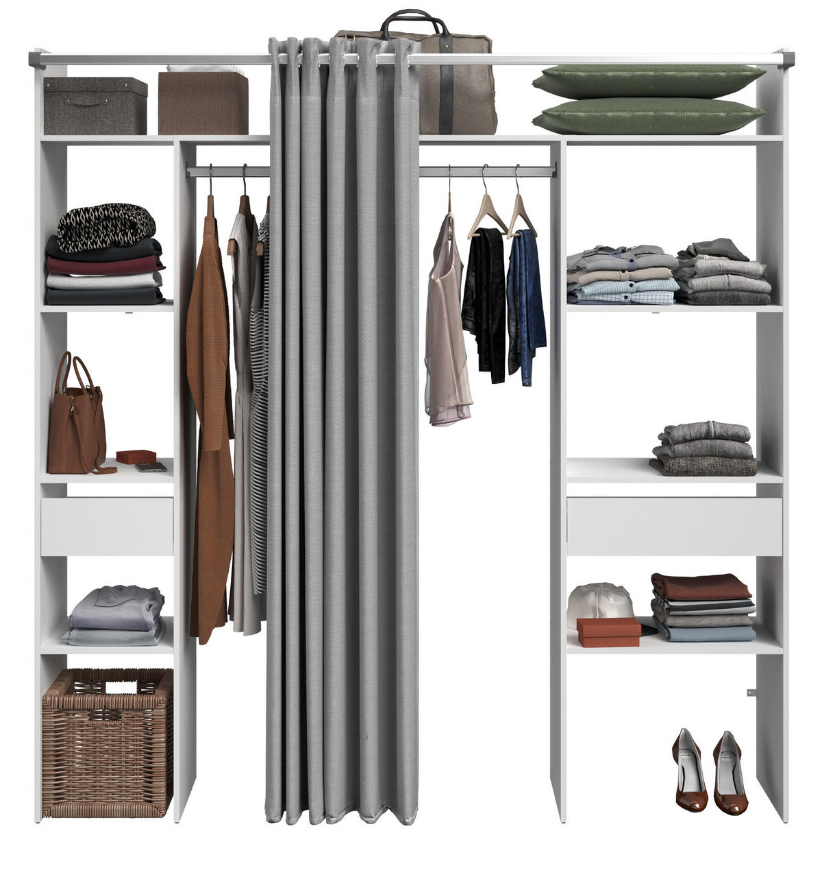 KLEIDERSCHRANK weiß, grau, Mehrzweckschrank 198 cm mit Vorhang - Weiß/Grau, Holzwerkstoff/Textil (198/203/40cm) - Parisot Meuble