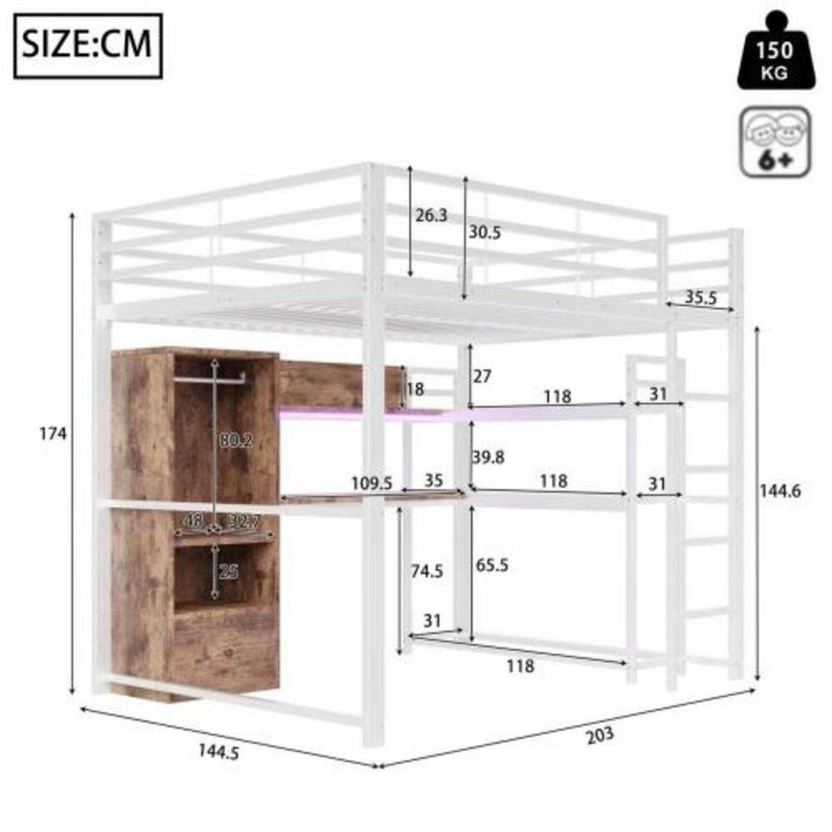 HOCHBETT 140 × 200 cm aus Metall und MDF mit Schreibtisch, Stauraumschublade und 16-Farben-LED-Leiste, weiß - Weiß, Holzwerkstoff - Luhomfu