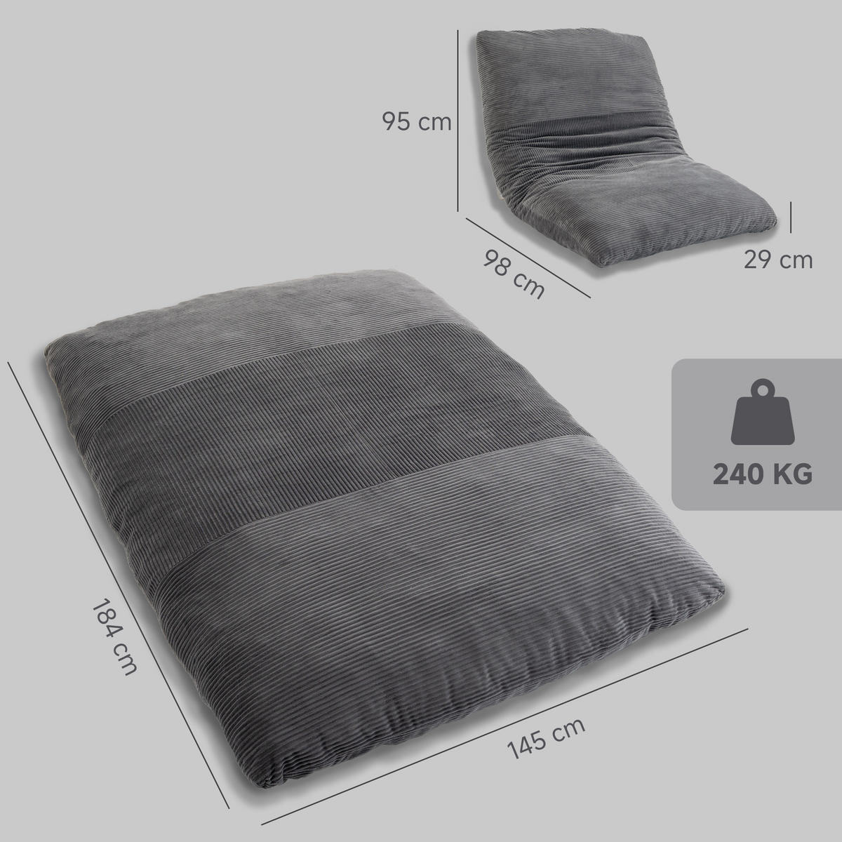 PODLAHOVÁ židle z manšestrové látky, pěna, tmavě šedá - tmavě šedá, textil (98/95/145cm) - HOMCOM