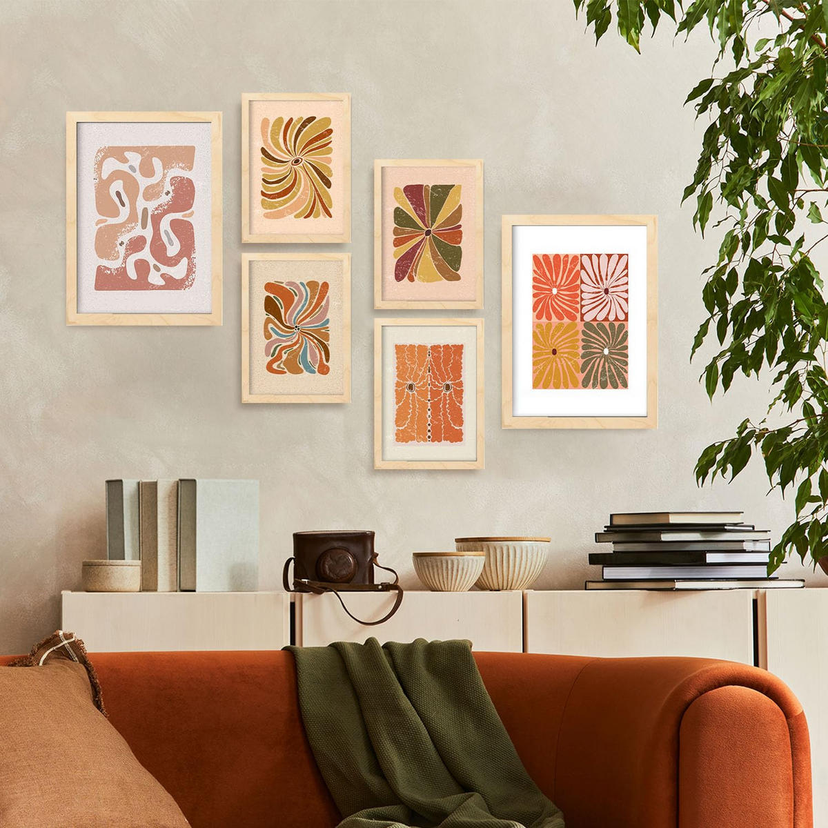 POSTER Set Mit 6 Drucken Abstrakter Blume Ethnischens Dekorative Rahmen Für Ihr Wohnzimmer Zuhause Wandkunstdruck A3 & A4 Rahmen Aus Hellem Holz - Beige, Papier (29/3cm) - Nacnic