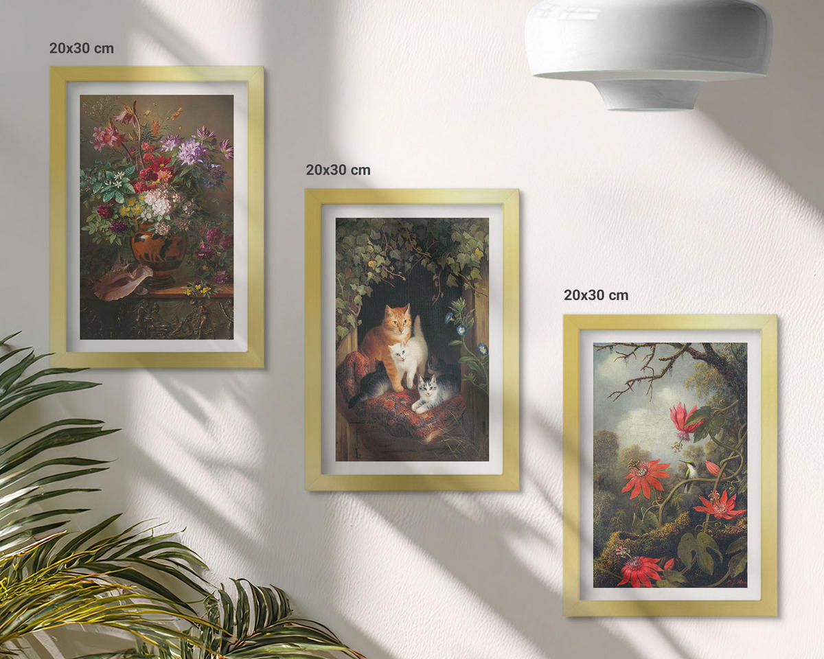 WANDBILDER 3er Set - 20x30 cm Goldrahmen - Vintage-Blumen, Katzen, Natur - Goldfarben, Kunststoff (20/30cm) - ArtPrintCave