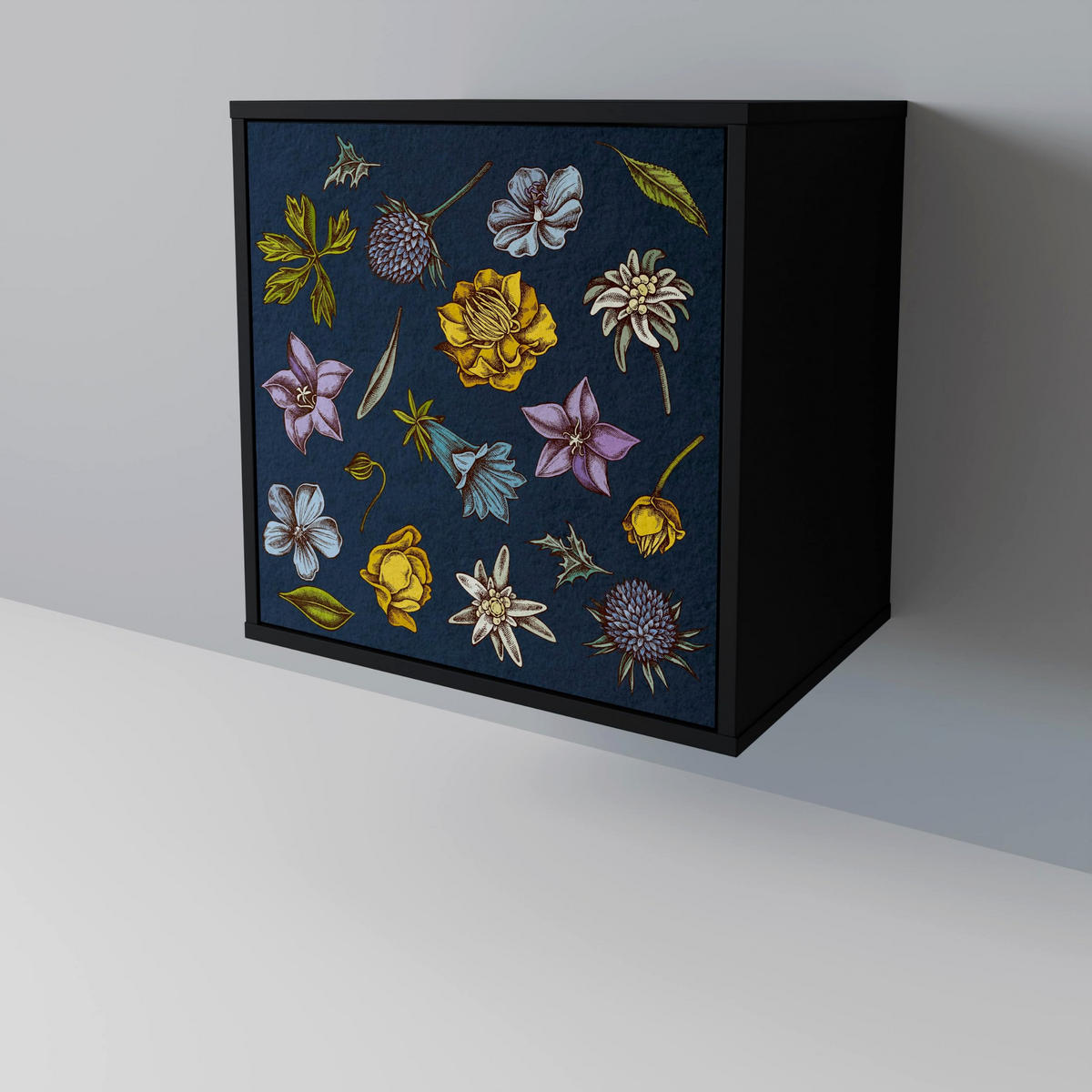 SIDEBOARD FLOWERS ON NAVY BLUE, Schwarz, 57,5x42x75,5 cm, Goldfarbene Metallfüße - Goldfarben/Multicolor, Holzwerkstoff/Metall (57.5/75.5/42cm) - SpaceRebels