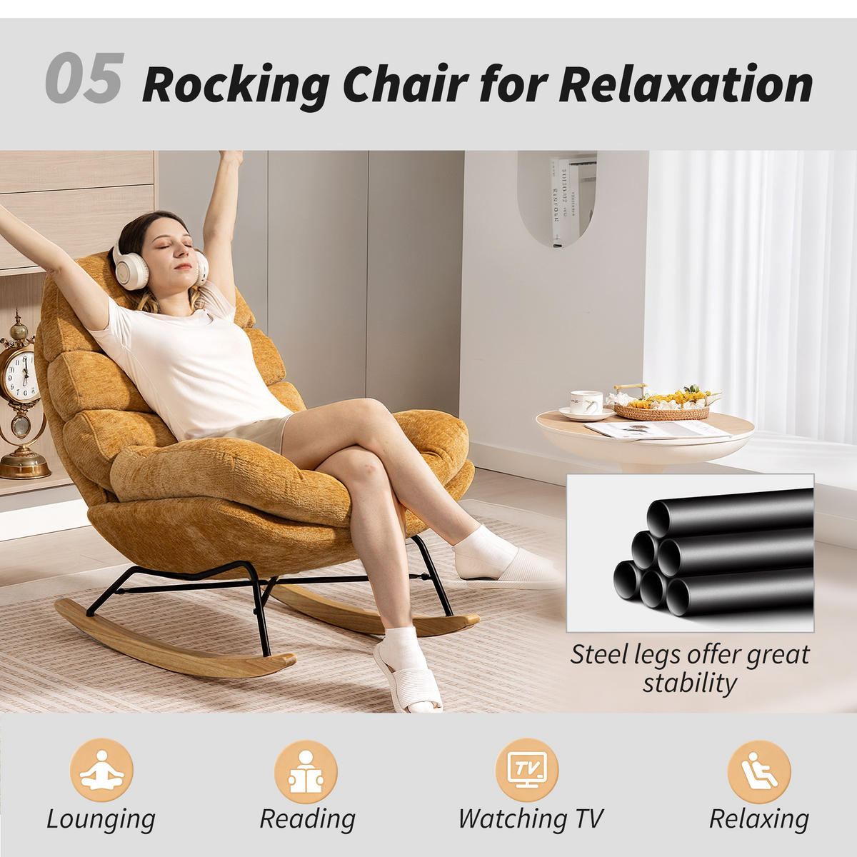 SCHAUKELSTUHL Schaukelsessel Schneidersitz mit Rückenlehne Chenille-Optik - Gelb/Creme, Textil (80/91/103cm) - HOMCOM