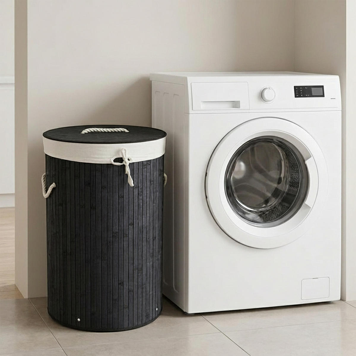 KOŠ ZA PERILO črna bambus okrogel s pokrovom zložljiv 70 l - črna, tekstil/les (41/65/41cm) - Relaxdays