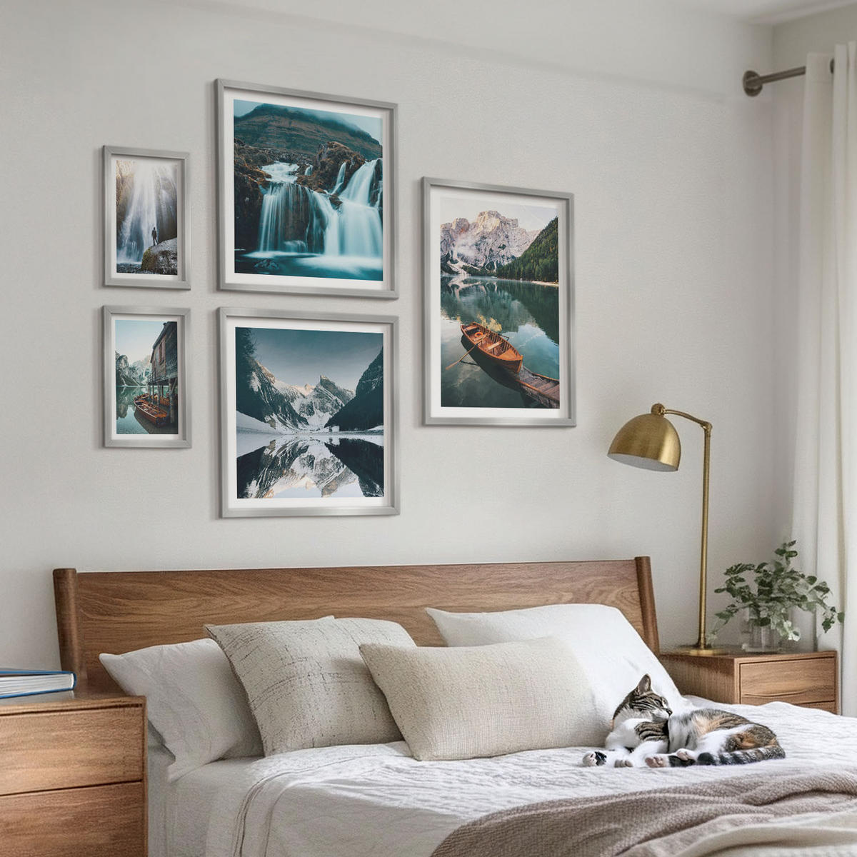 WANDBILDER 5er Set - 50x50 cm & 20x30 cm & 40x60 cm Silberner Rahmen - Spiegelung der Boote auf Bergseen - Silberfarben, Kunststoff (40/60cm) - ArtPrintCave