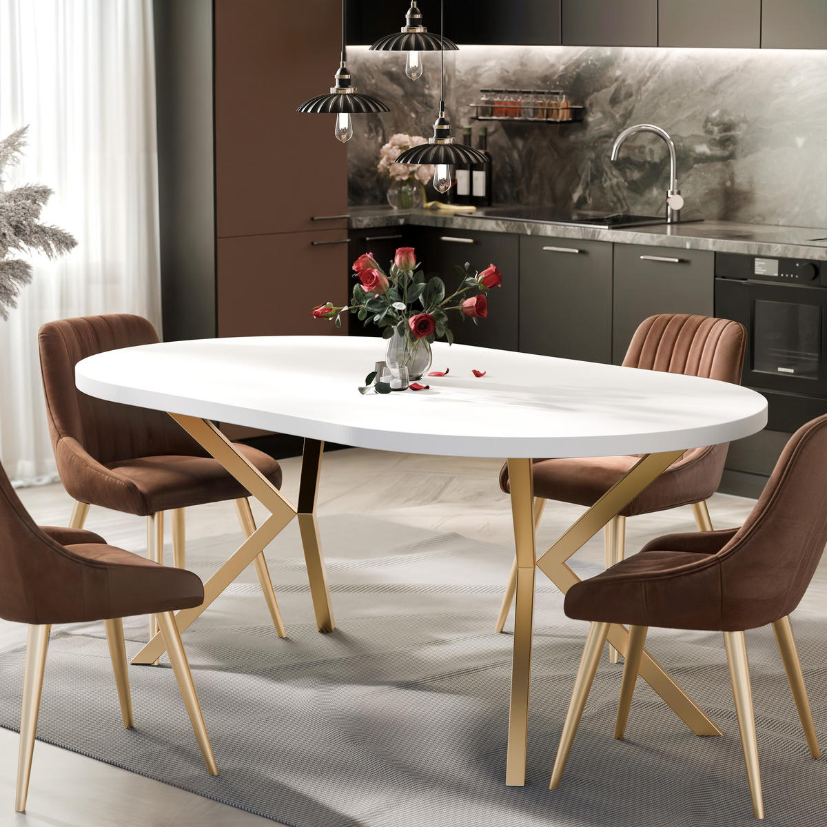 AUSZIEHTISCH MILTON 100-176/76 cm mit Metallgestell, Gold / Arktisweiß - Goldfarben/Weiß, Holzwerkstoff/Metall (100/100/76cm) - Idohome