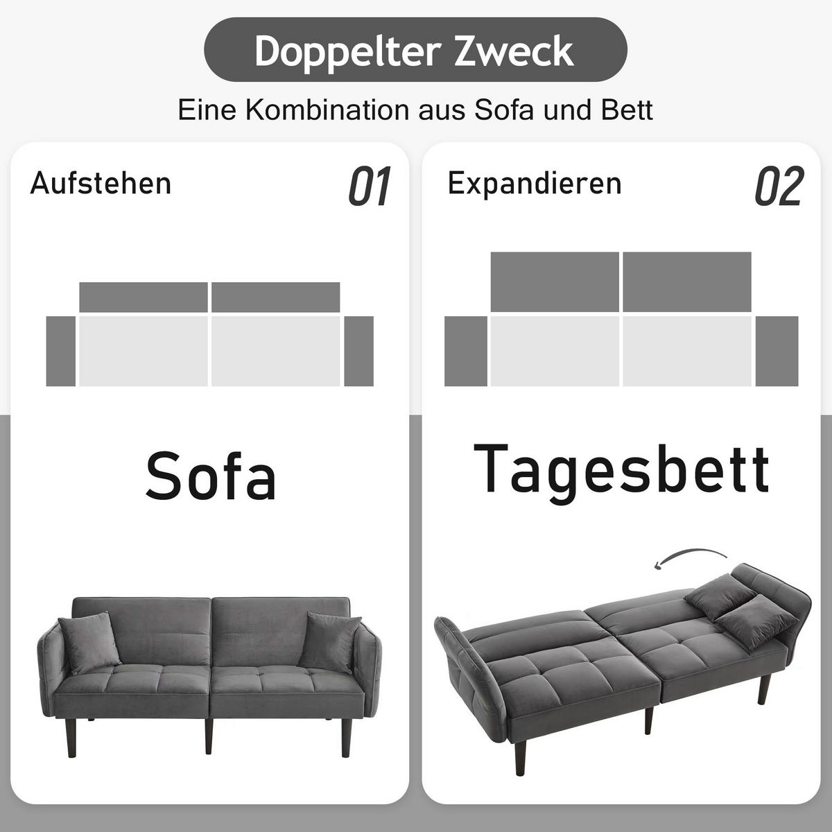 SCHLAFSOFA aus Samt Antikgrau mit verstellbaren Rückenlehnen, klappbaren Armlehnen und Schlaffunktion - Alteiche, Kunststoff (176/76/78cm) - Modfu