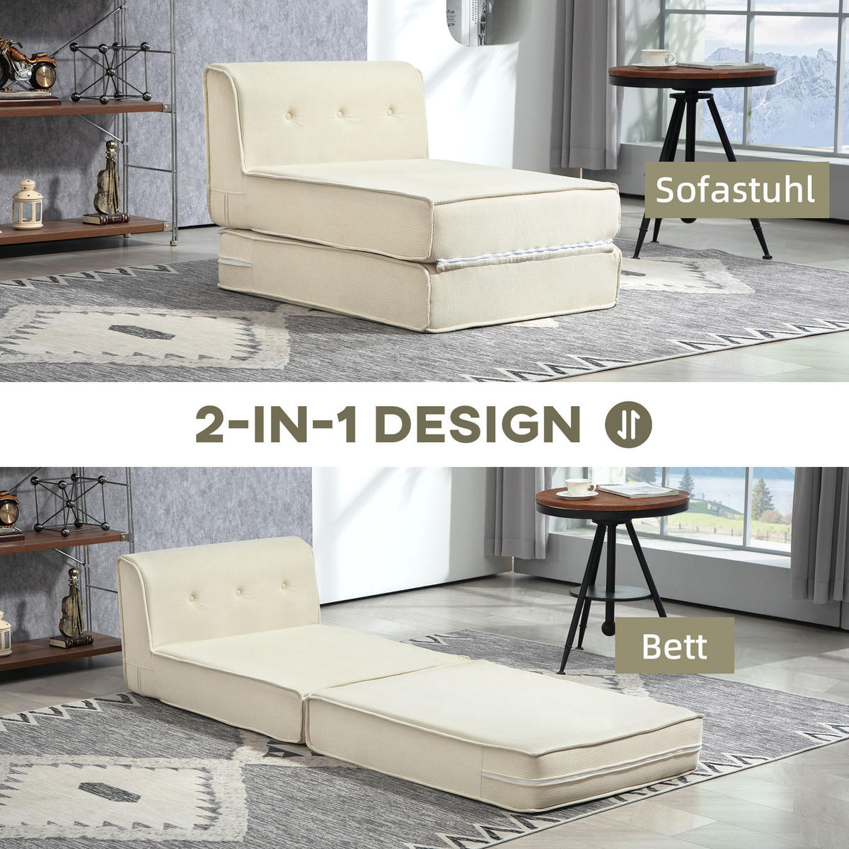 BODENSOFA 2-in-1 Klappbar Schlafsofa mit Kordoptik für Wohnzimmer Cremeweiß - Creme, Textil (73/65/100cm) - HOMCOM