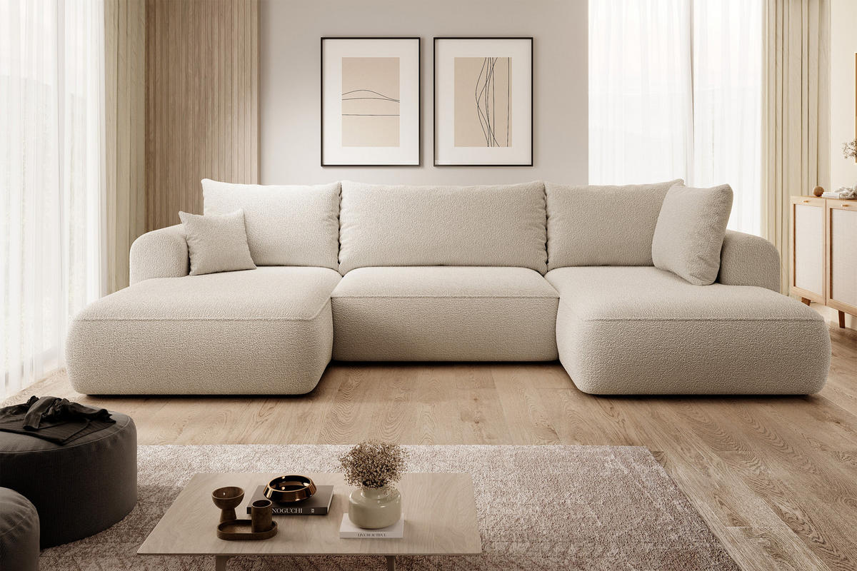WOHNLANDSCHAFT Ovo Beige Boucle - Beige/Schwarz, Textil (375/95/185cm) - Selsey