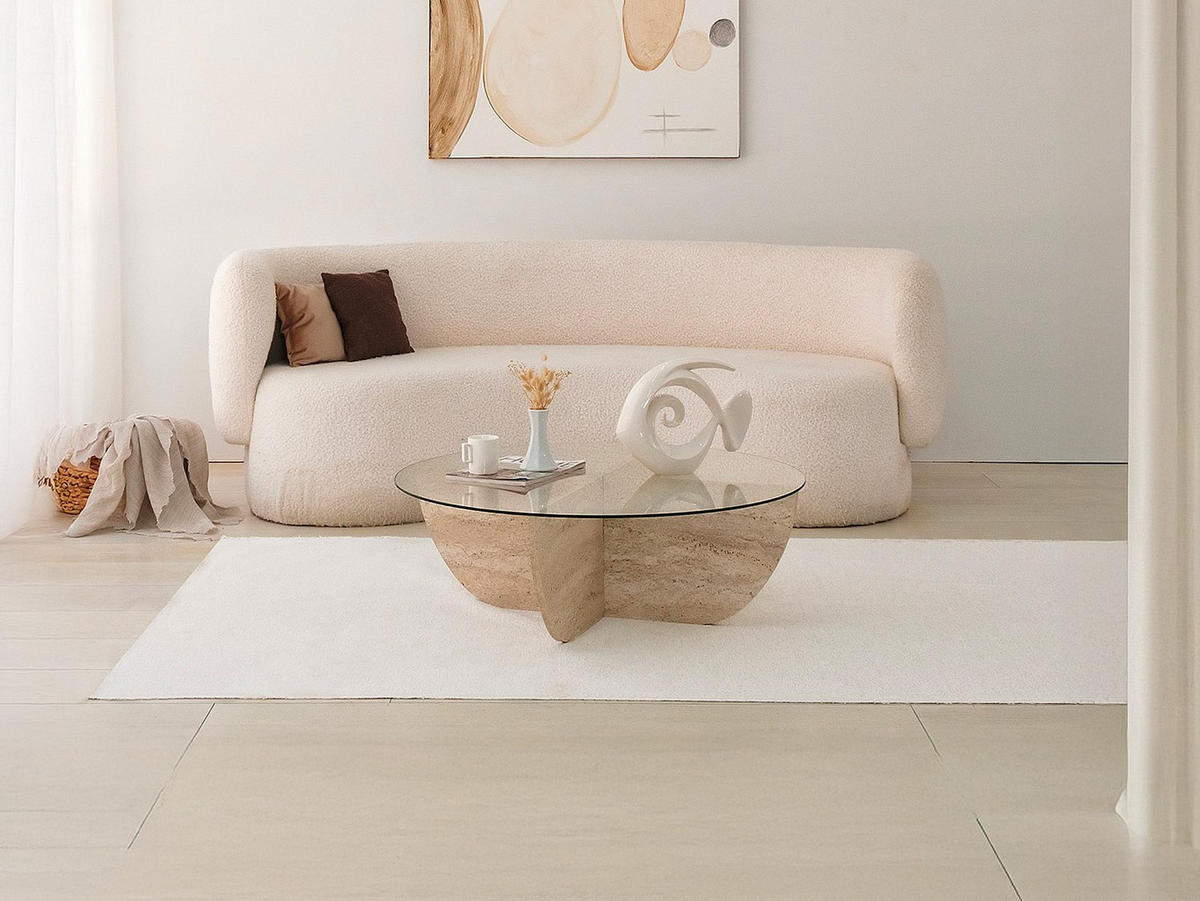 COUCHTISCH aus gehärtetem Glas - Travertin-Effekt und Transparent - AYSUN - Transparent, Holz (90/90/30cm) - Vente-Unique