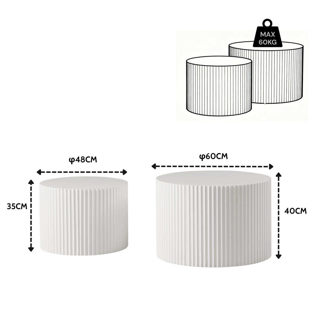 KONFERENČNÍ stolek sada 2 ks 60/40 a 48/35 cm bílá MDF, odkládací - bílá, kompozitní dřevo (60/60/40cm) - BEAOK