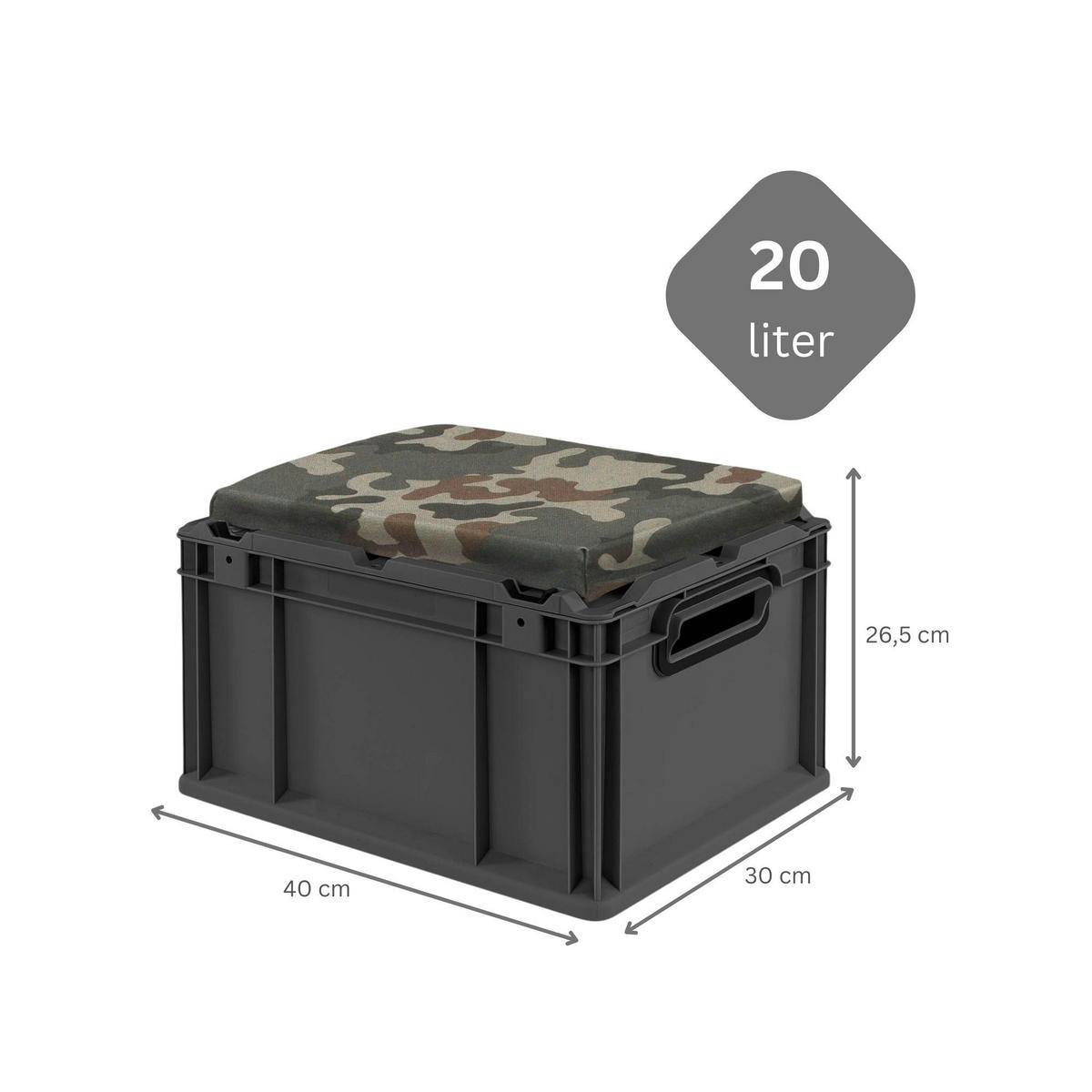 EUROBOX NextGen Seat Box Camouflage, HxBxT 26,5x30x40cm, 20 Liter, Griffe offen, Schwarz - Schwarz, Kunststoff (30/26.5/40cm) - PROREGAL