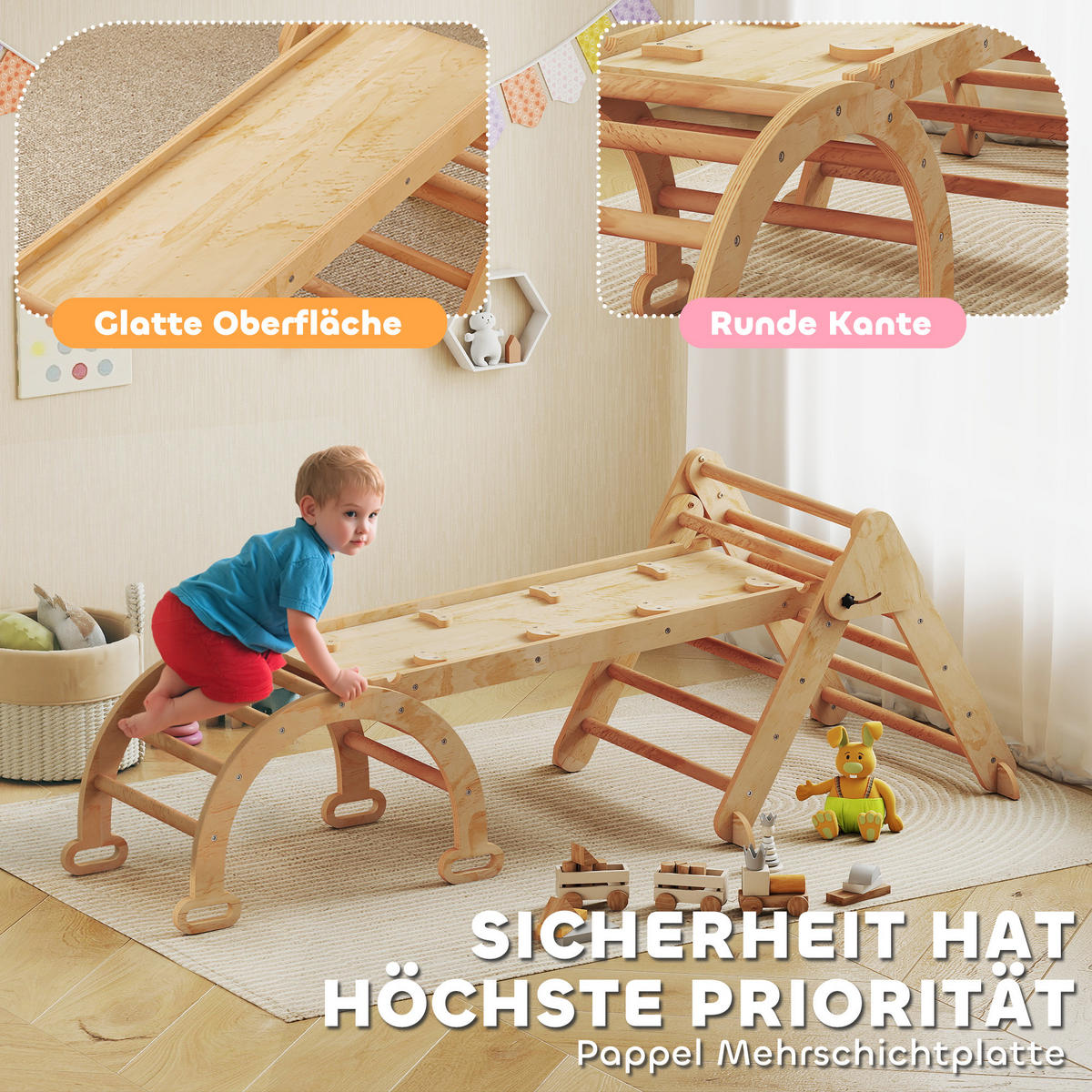 MONTESSORI-KLETTERGERÜST Holz Kletterdreieck mit Kletterbogen 7-in-1 - Naturfarben, Holz (70/59/188cm) - AIYAPLAY