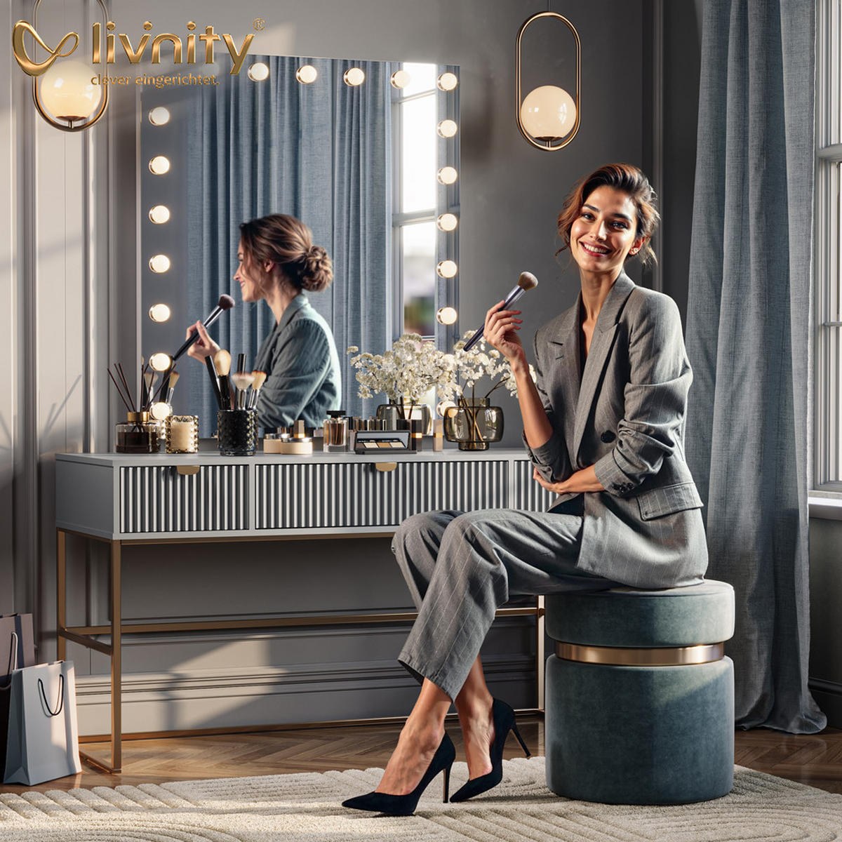 SCHMINKTISCH Imola Cashmere mit LED-Spiegel und Hocker - Kaschmir, Holzwerkstoff (120/75/55cm) - Livinity®